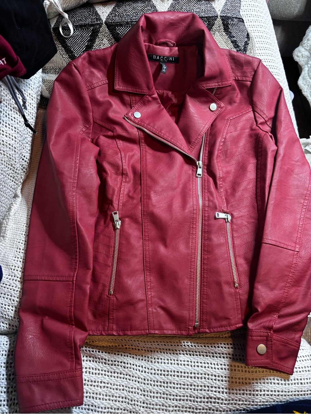 Baccini Women's Wine-Red Faux Leather Moto Jacket
